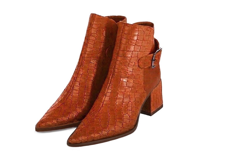Women's terracotta back-buckle ankle boots with pointed toe and mid comma heel - Front view